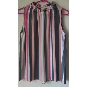 Loft‎ Women's Petite Small Top Vertical Stripe Gray/Pink Sleeveless Elastic Neck